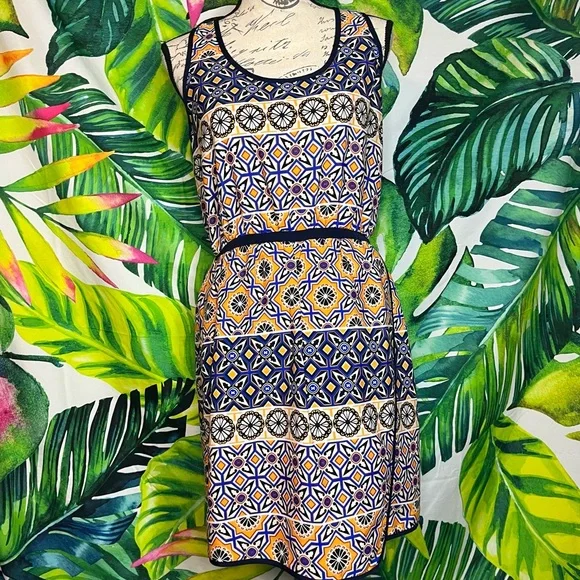Bar III | Dresses | Bar Iii M Blue Golden Yellow Geometric Travel Vacation  Spring Summer Dress | Poshmark